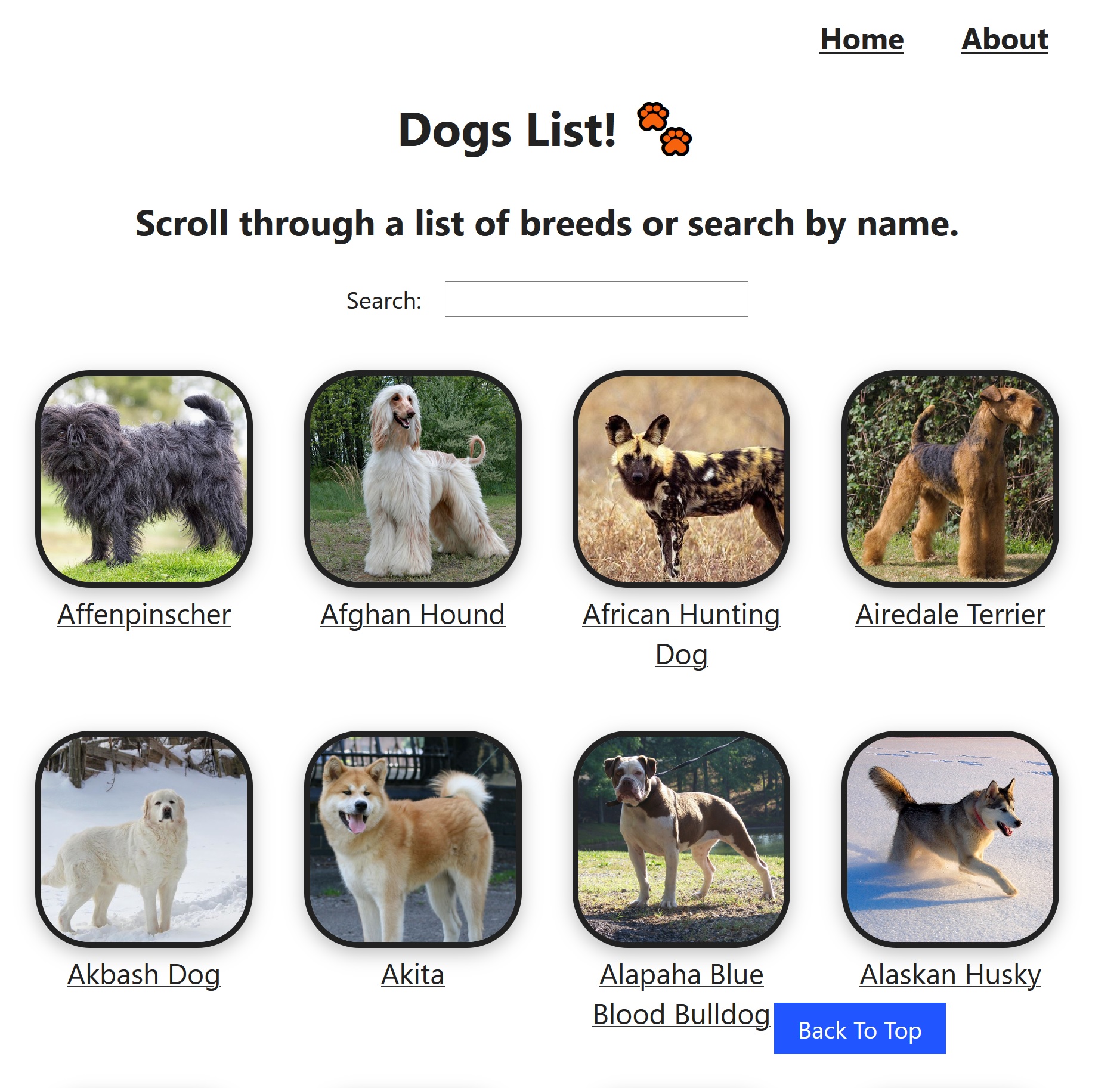 Screenshot from Dogs List app front page